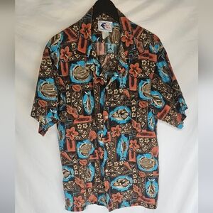 Nui Nalu Retro 90s Tropical Aloha Shirt Brown Orange Teal Size L